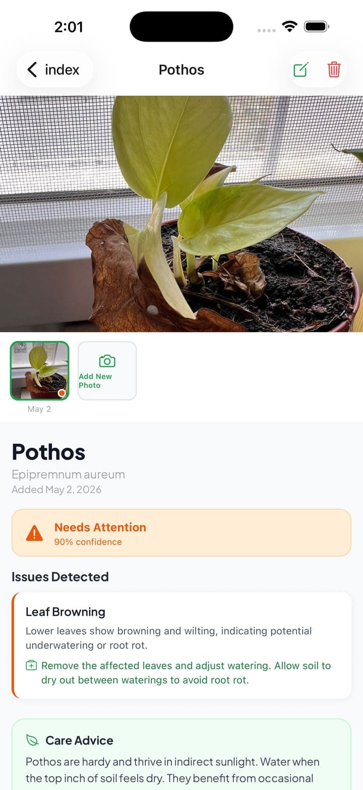 Saved plant detail with photo-history thumbnails and current health status