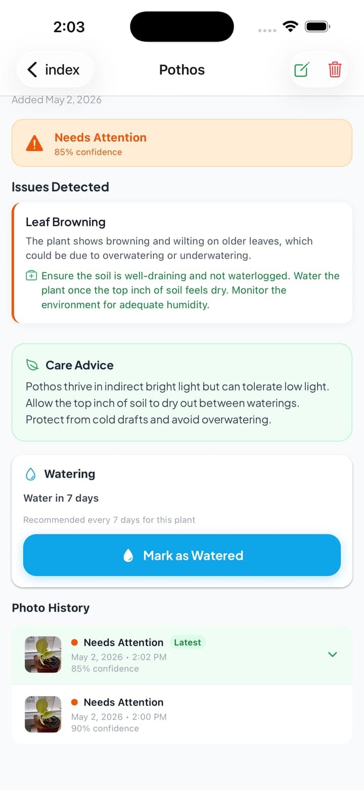 Watering reminder and a photo-history timeline tracking the plant's health over time