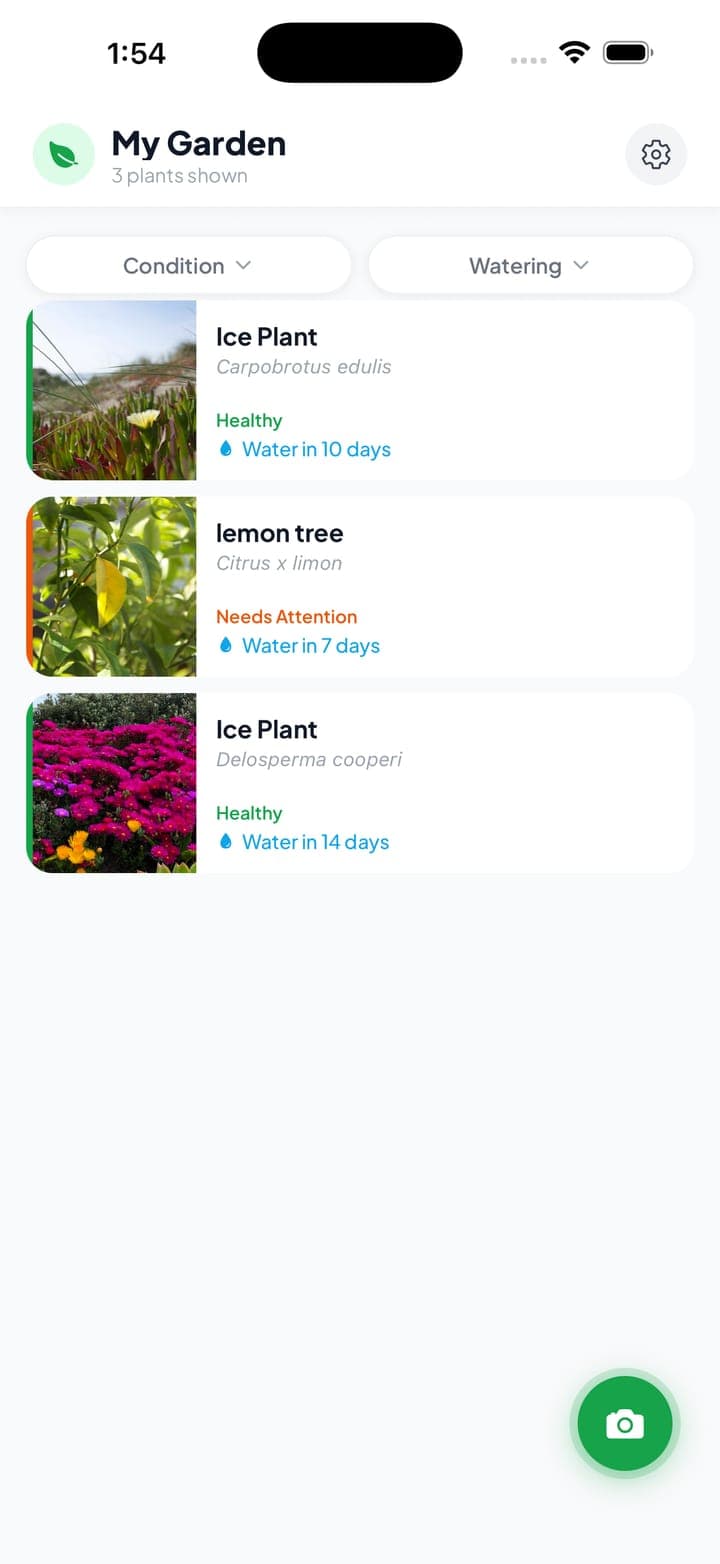 My Plant Doctor home screen on iPhone showing saved plants with health status and watering countdowns